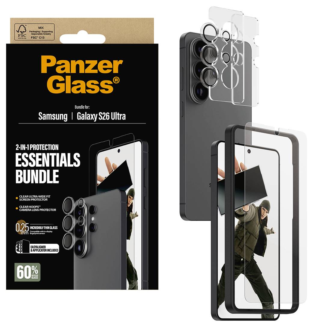 "PanzerGlass Essentials Bundle pro Samsung Galaxy S26 Ultra", zobrazující ochranné sklo na displej a fotoaparát s balením.