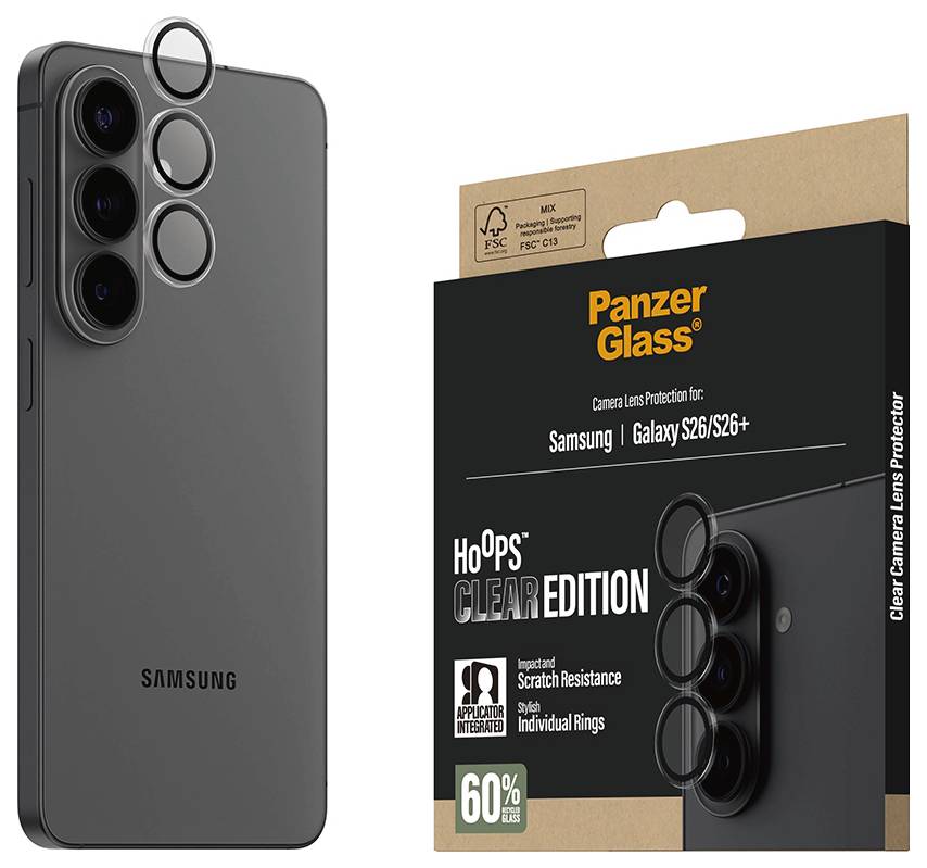 Balení „Panzer Glass" vedle Samsung Galaxy S26/S26+ ukazuje jednotlivé ochranné prvky objektivů pro fotoaparát smartphonu, 60% recyklovaného materiálu.