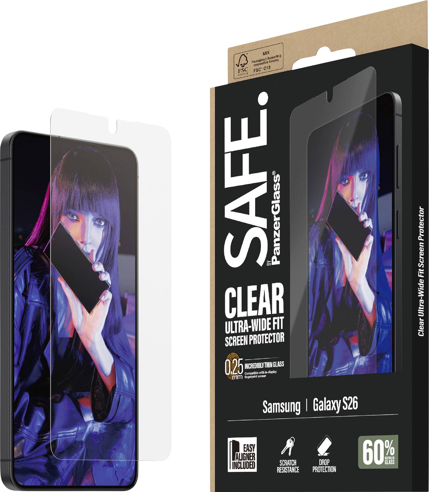 „BEZPEČNÉ. PanzerGlass. Čirý Ultra-Wide Fit Ochranný Film na Displej" balení pro Samsung Galaxy S26, zdůrazňující inteligentní odolnost a snadnou instalaci.