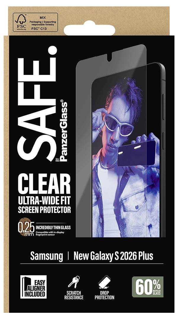 'BEZPEČNÝ. Čirá ultra-širokoplošná ochranná fólie na obrazovku PanzerGlass pro Samsung New Galaxy S 2026 Plus. Odolnost proti poškrábání, 60% recyklováno.'