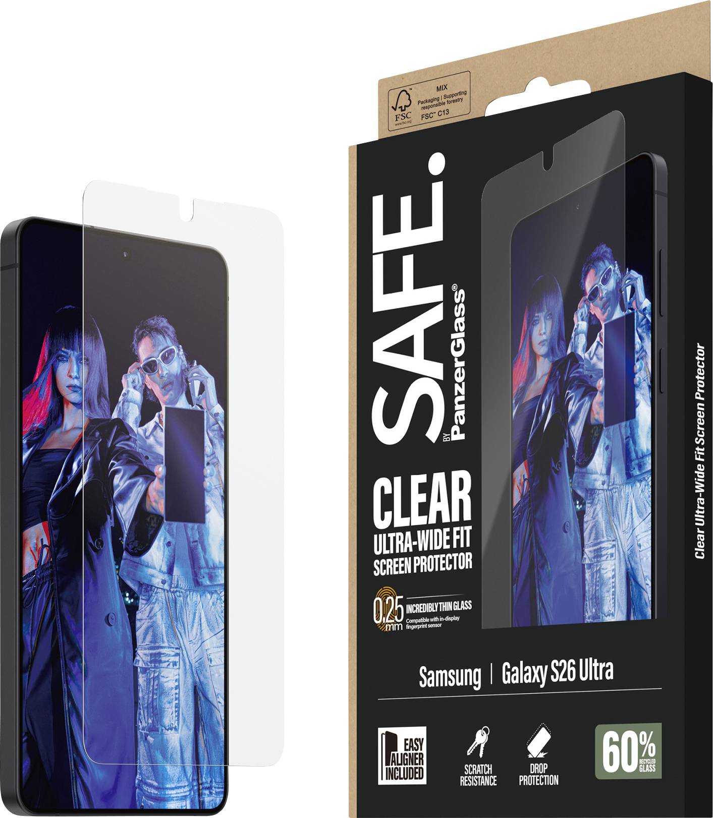 "BEZPEČNÝ. Ochranné sklo PanzerGlass CLEAR ultra-wide fit pro Samsung Galaxy S26 Ultra" s krabicí a telefonem zobrazujícím módní fotografii.