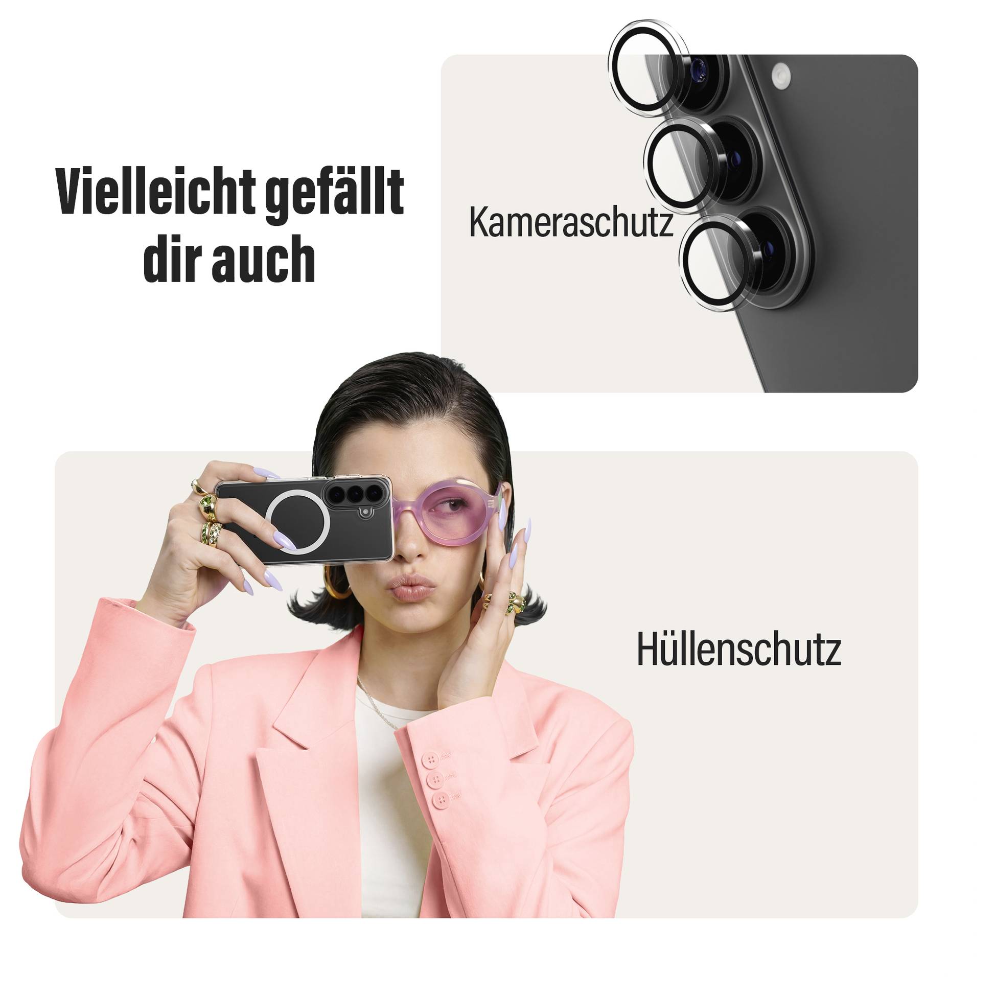 Žena v růžovém oblečení drží telefon v ochranném pouzdře a dívá se skrz něj jako monokl. Text zdůrazňuje "Ochrana kamery" a "Ochrana pouzdra".
