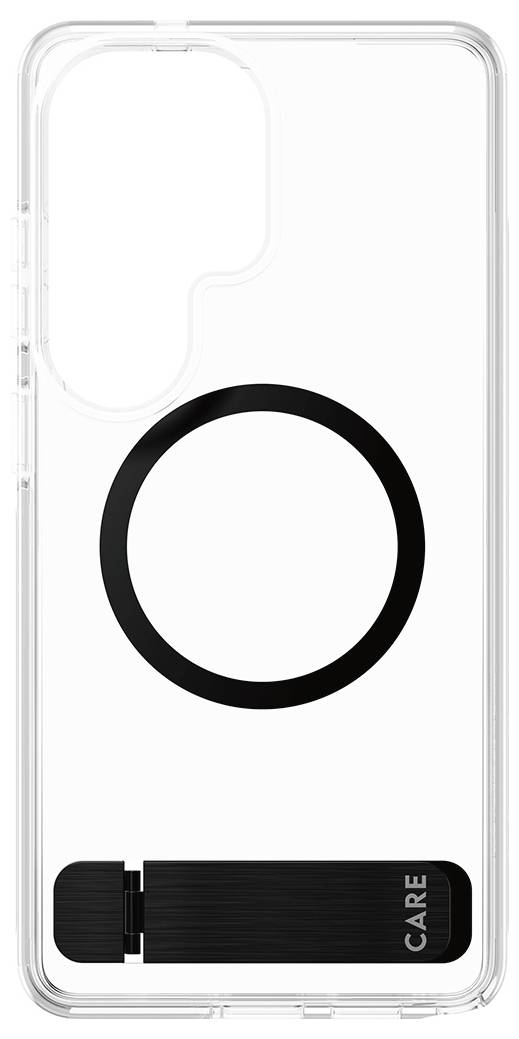 Průsvitné pouzdro na telefon s černým kruhem pro kompatibilitu s MagSafe a černým popruhem pro uchycení označeným "CARE" v dolní části. Součástí je jedinečný výřez pro fotoaparát.