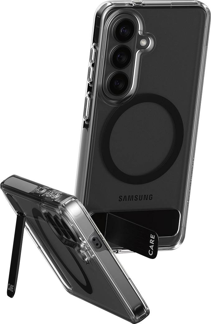 Dva transparentní pouzdra na telefon s kruhovými držáky a stojánky, vystavující zadní stranu chytrého telefonu se třemi objektivy fotoaparátu.