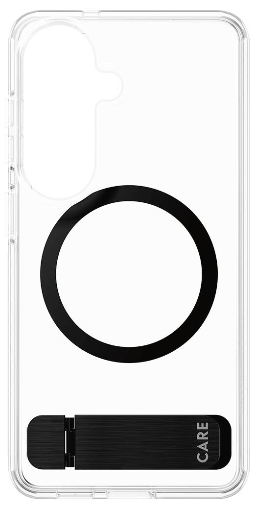 Průhledný ochranný kryt telefonu s černým kulatým magnetickým kroužkem MagSafe a malou obdélníkovou sekcí označenou „PÉČE" dole.