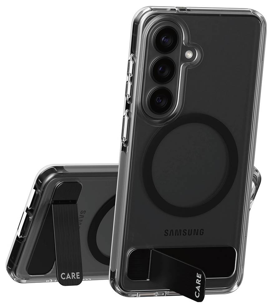 Dva čiré pouzdra na chytré telefony se stojany, s magnetickým krouživým designem. Každý stojan je označen "CARE". Vhodné pro telefony Samsung.