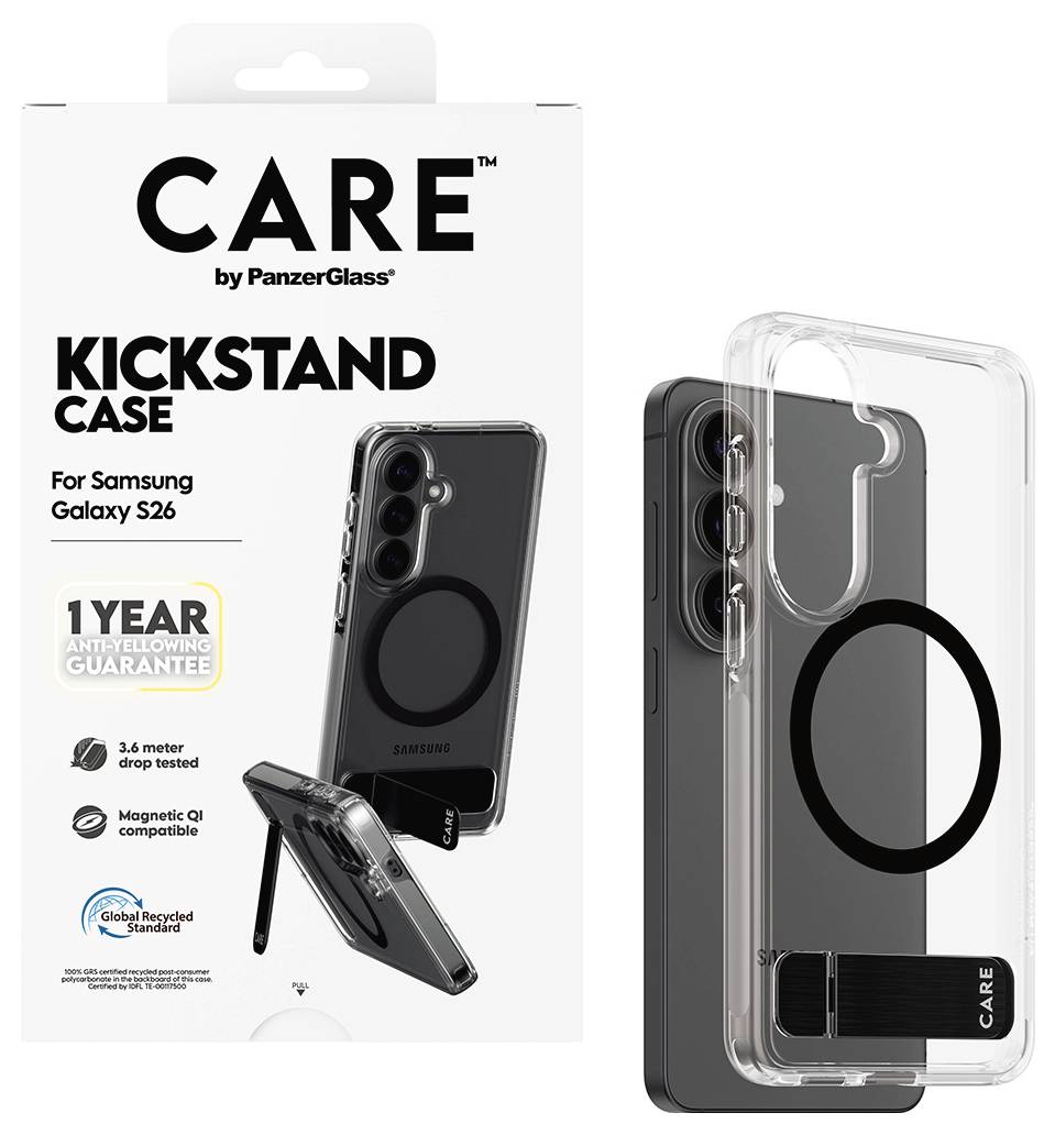 Pouzdro 'CARE by PanzerGlass Kickstand Case pro Samsung Galaxy S26' s balením, zobrazující transparentní pouzdro s černým stojanem. 'Záruka proti žloutnutí na 1 rok'.