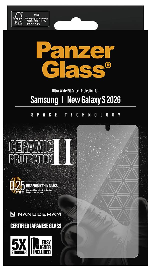 Balíček "PanzerGlass" ochranné fólie na displej pro Galaxy S 2026. Funkce zahrnují keramické sklo tlusté 0,25 mm, "5X silnější", "Zahrnutá snadná zarovnávací pomůcka".