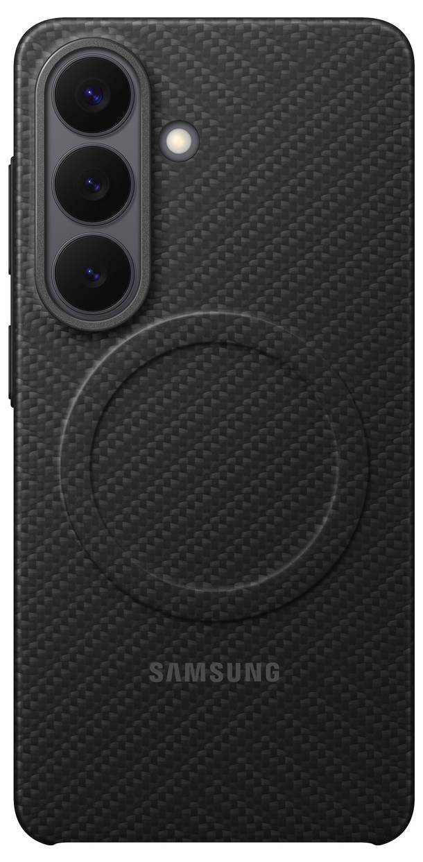 Pouzdro na telefon Samsung s texturedním černým vzorem uhlíkových vláken, s třemi výřezy pro čočky fotoaparátu a logem Samsung v dolní části.