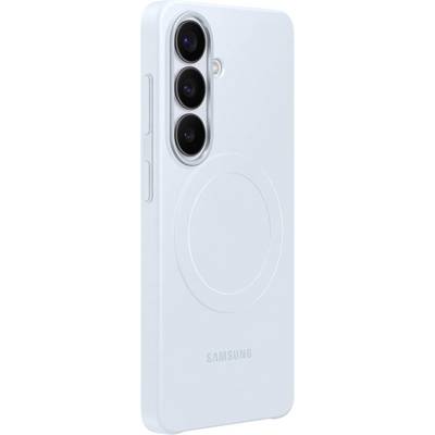 Světle modrý kryt na smartphone se třemi výřezy pro objektivy fotoaparátu a slovy "Samsung" vyraženými na zadní straně.