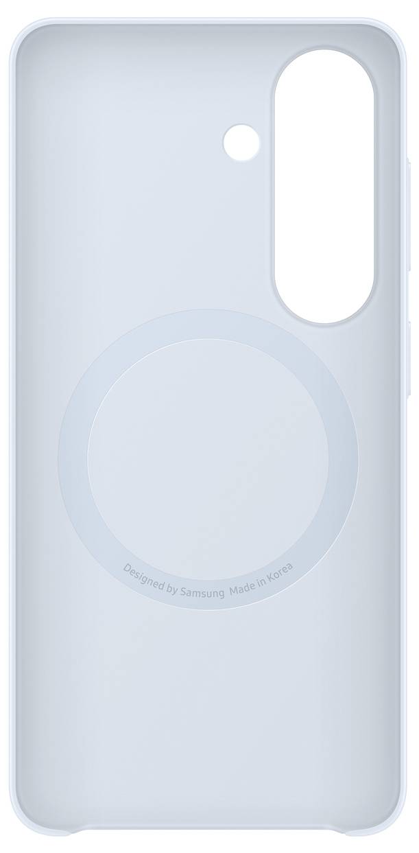 Světle modrý obal na chytrý telefon se kruhovou oblastí kompatibilní s MagSafe v centru a dvěma výřezy pro fotoaparát a blesk.