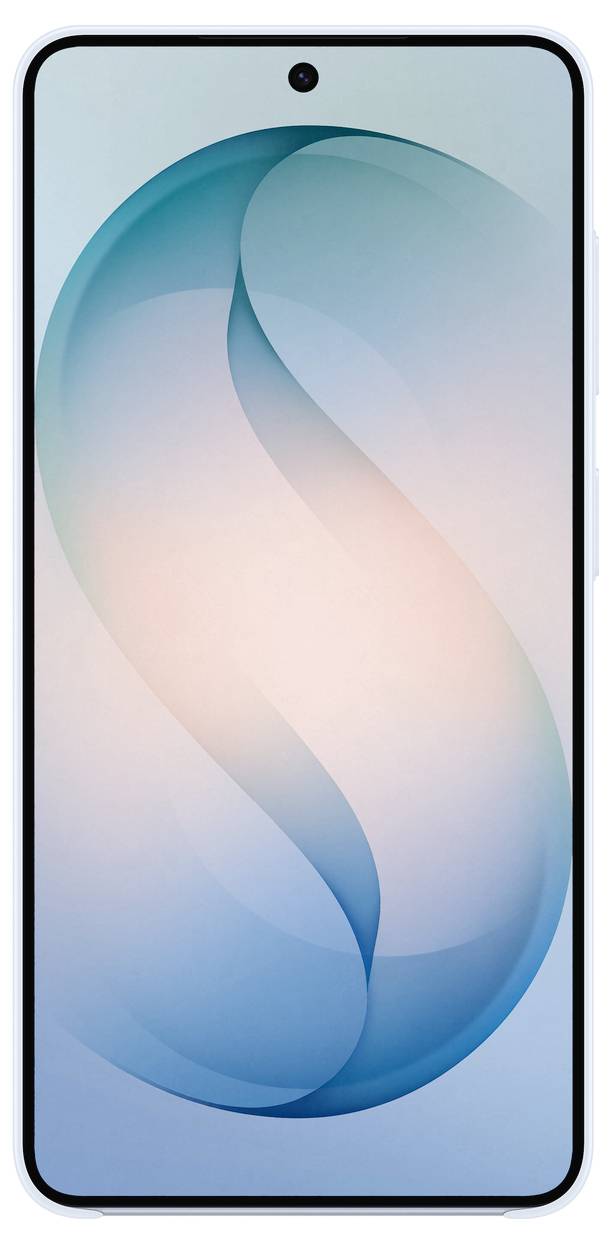 Chytrý telefon s velkým displejem bez okrajů zobrazujícím modrou a růžovou abstraktní spirálu "S" na světlém pozadí.