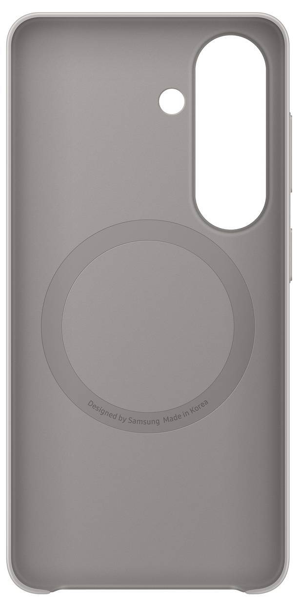 Pouzdro na telefon v šedé barvě s kruhovou linkou a výřezem pro fotoaparát, určené pro konkrétní model chytrého telefonu značky Samsung.