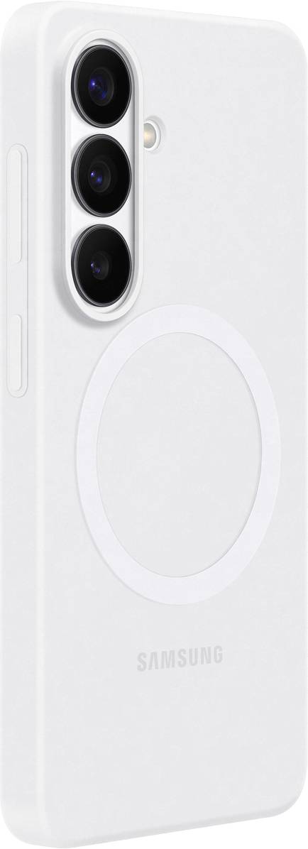 Bílý kryt na smartphone se třemi výřezy pro fotoaparát a kruhový design na zadní straně.