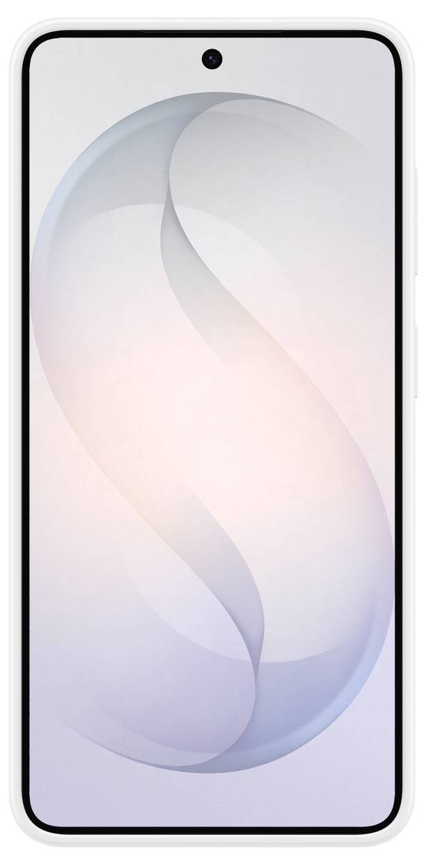 Smartphone s bílým rámem a obrazovkou zobrazující jemný, abstraktní vírový vzor v odstínech růžové a modré.