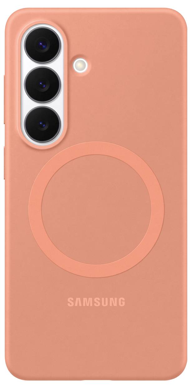 Kryt na telefon v broskvové barvě navržený pro zařízení Samsung s třemi otvory pro fotoaparát a kruhovým vzorem na zadní straně.