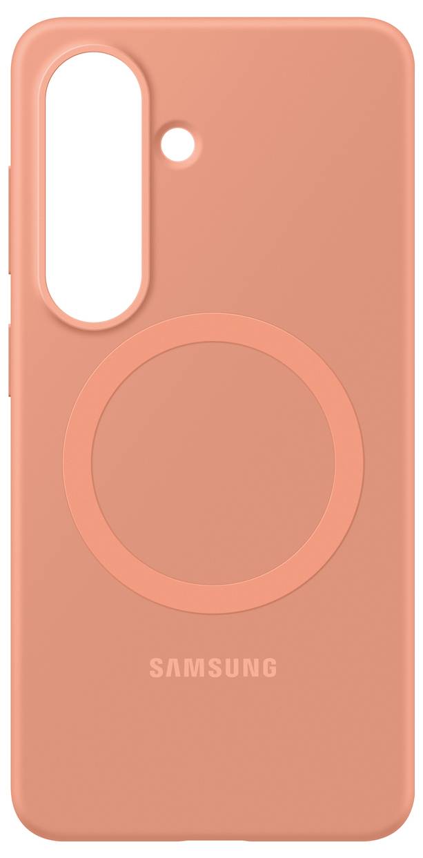 Korálový kryt na smartphone s kulatým designem uprostřed a textem 'Samsung' v dolní části. Navržen pro telefon s více fotoaparáty.