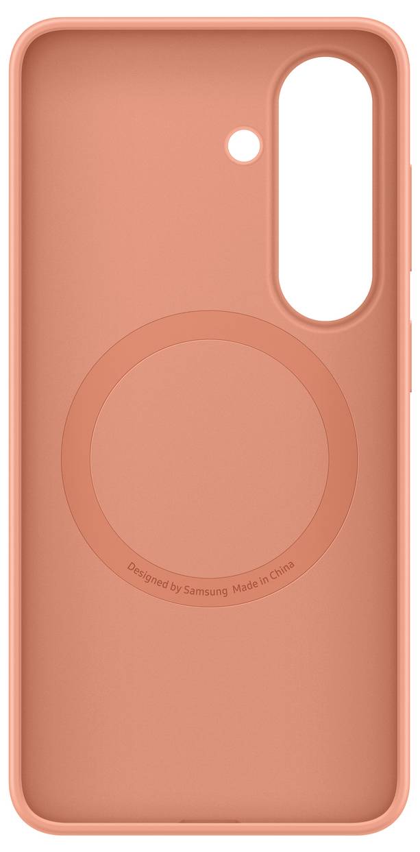 Oranžový kryt na telefon s vyrezi pro kameru a kruhový design na zádech, označený "Designed by Samsung Made in China".