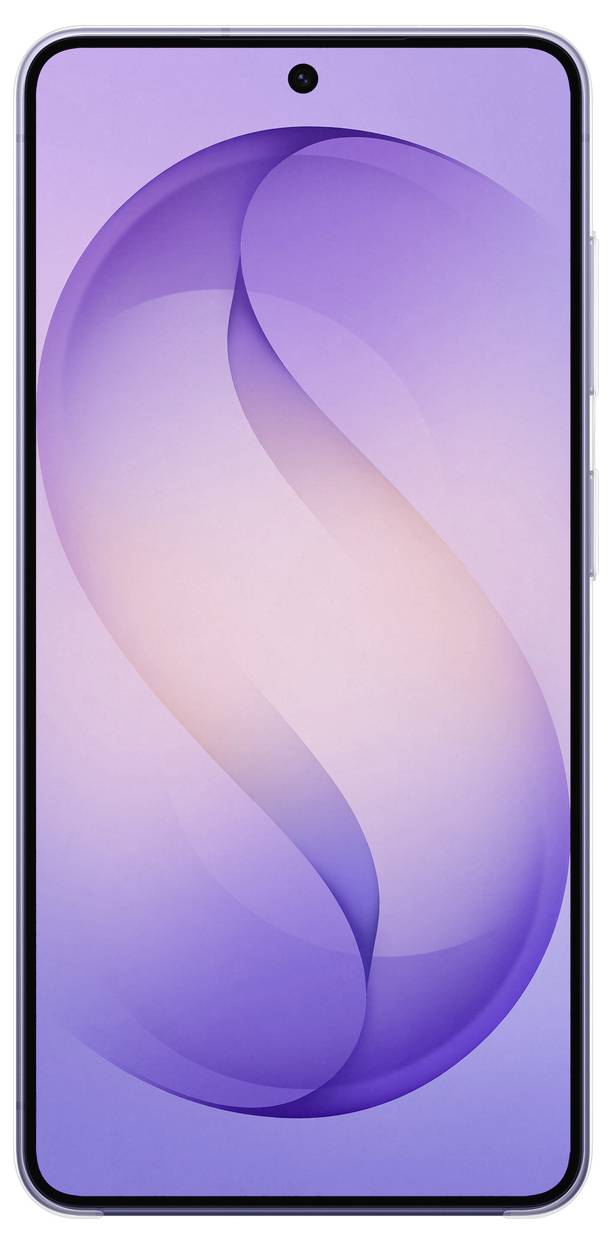 Chytrý telefon s velkým displejem od kraje k okraji, na kterém je zobrazen fialový abstraktní design a malá kamera v přední středové části.