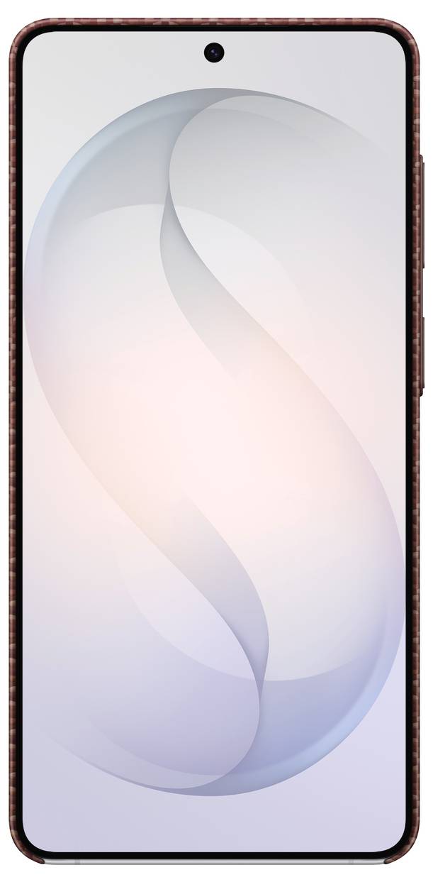 Bílý kryt na smartphone s velkým výřezem pro fotoaparát a kruhovou návrhů uprostřed, označený "Navrženo společností Samsung, vyrobeno v Koreji".