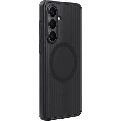 Bílý smartphone se třemi zadními kamerami zarovnanými svisle, bleskem a kulatým designem na zadní straně, s logem Samsung.