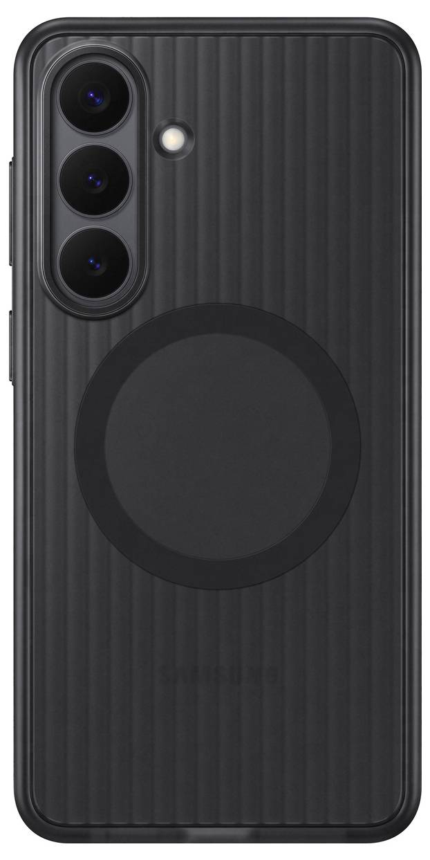 Černý smartfon Samsung s vroubkovaným zadním krytem, trojitou kamerou a kulatým centrálním designovým prvkem vedle kamery.