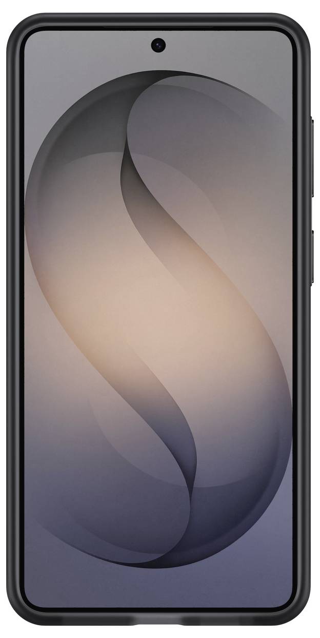 Chytrý telefon zobrazující stylizované abstraktní pozadí se středovým zakřiveným designem v měkkých odstínech šedi a béžové.