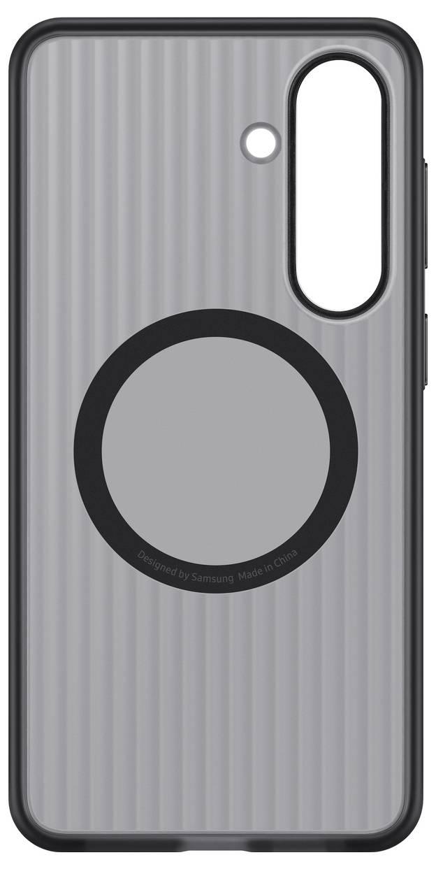 Šedý kryt na smartphone s vertikálními drážkami, vybavený kruhový MagSafe designem uprostřed, kompatibilní se zařízeními Samsung.