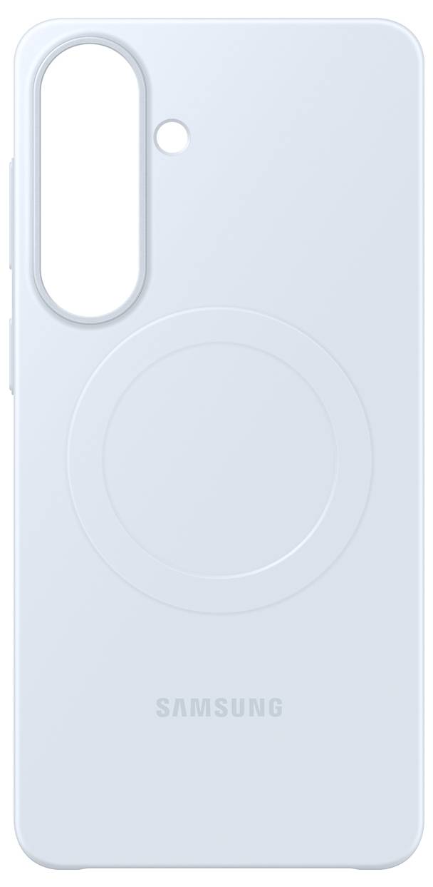 Světle modrý kryt na telefon Samsung s výřezem na fotoaparát a otiskem kruhu MagSafe.