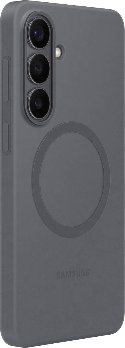 Pouzdro na tmavě šedý smartphone se třemi výřezy pro fotoaparát, magnetickým kroužkem MagSafe a designem bočního tlačítka.