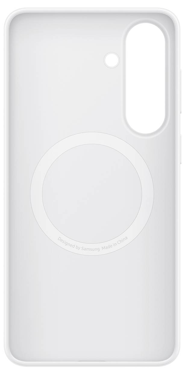 Bílé pouzdro na telefon s velkým kruhovým obrysom uprostřed, výřezem pro fotoaparát a senzor v pravém horním rohu a textem v dolní části.