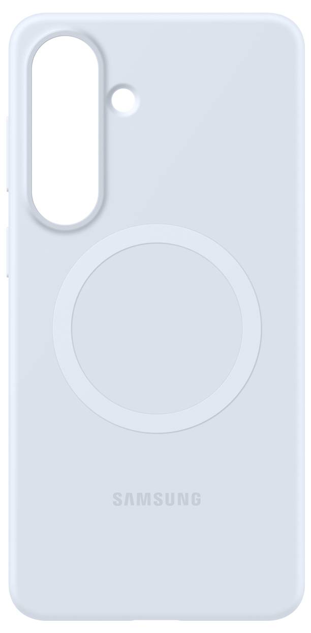 Světle modrý kryt na telefon Samsung s výřezem pro fotoaparát a vnitřním kulatým designem.