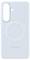 Světle modrý kryt na telefon Samsung s výřezem pro fotoaparát a vnitřním kulatým designem.