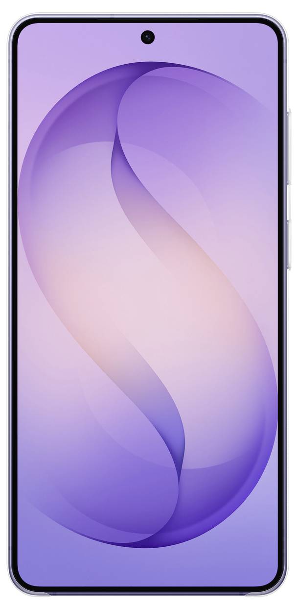 Obrazovka chytrého telefonu zobrazující abstraktní design s fialovými a růžovými vírícími se vzory, umístěná na pozadí se světlým přechodem. Telefon má tenké rámečky.