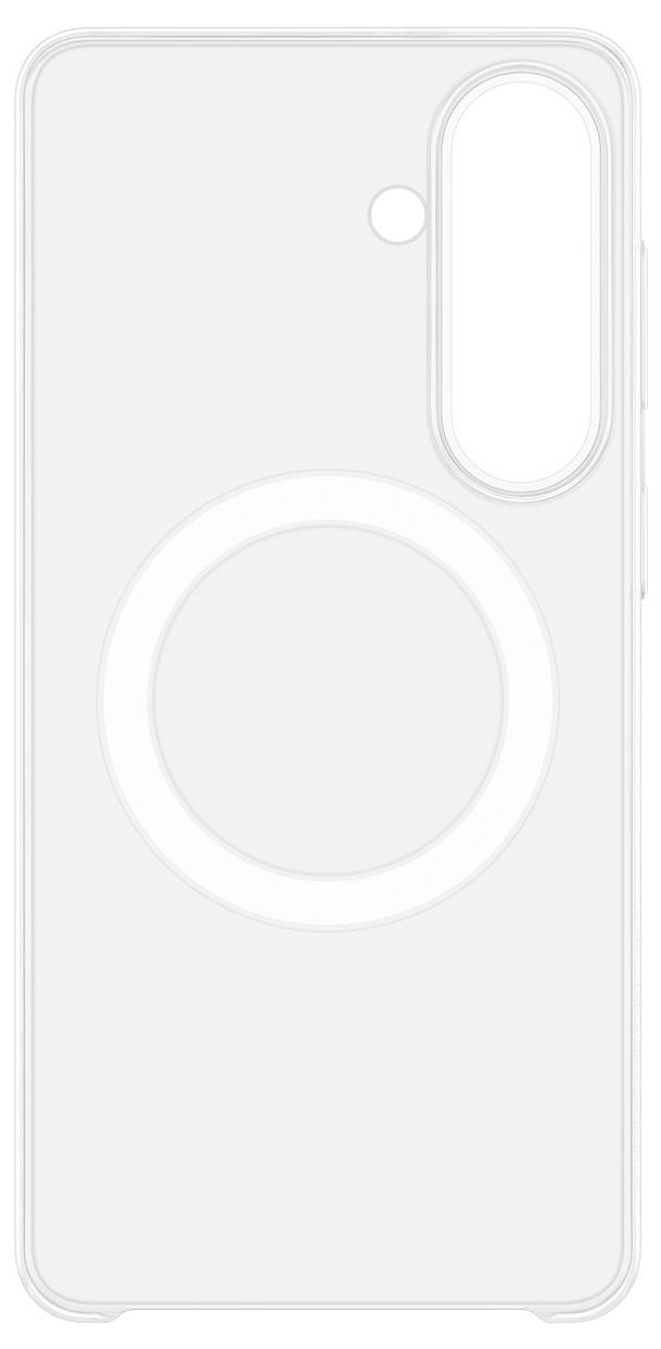 Smartphone s purpurovým abstraktním „S" na displeji, s tenkými rámečky a středově umístěnou přední kamerou na světlém gradientním pozadí.