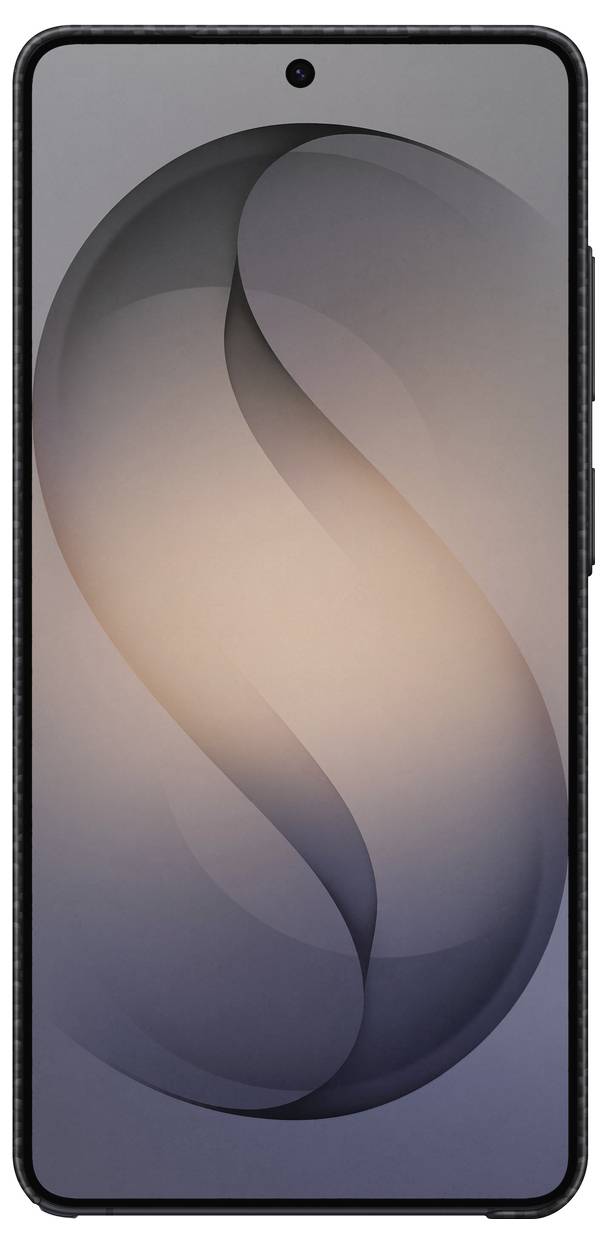 Chytrý telefon s velkým displejem bez okrajů a přední kamerou umístěnou uprostřed. Obrazovka zobrazuje abstraktní modrý a růžový vzor.