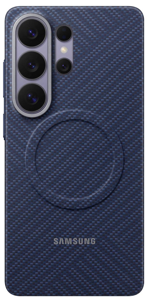 Modrý obal na telefon Samsung s texturou karbonového vlákna, tři výřezy pro objektivy fotoaparátu a kruhový magnetický kroužek na zadní straně.