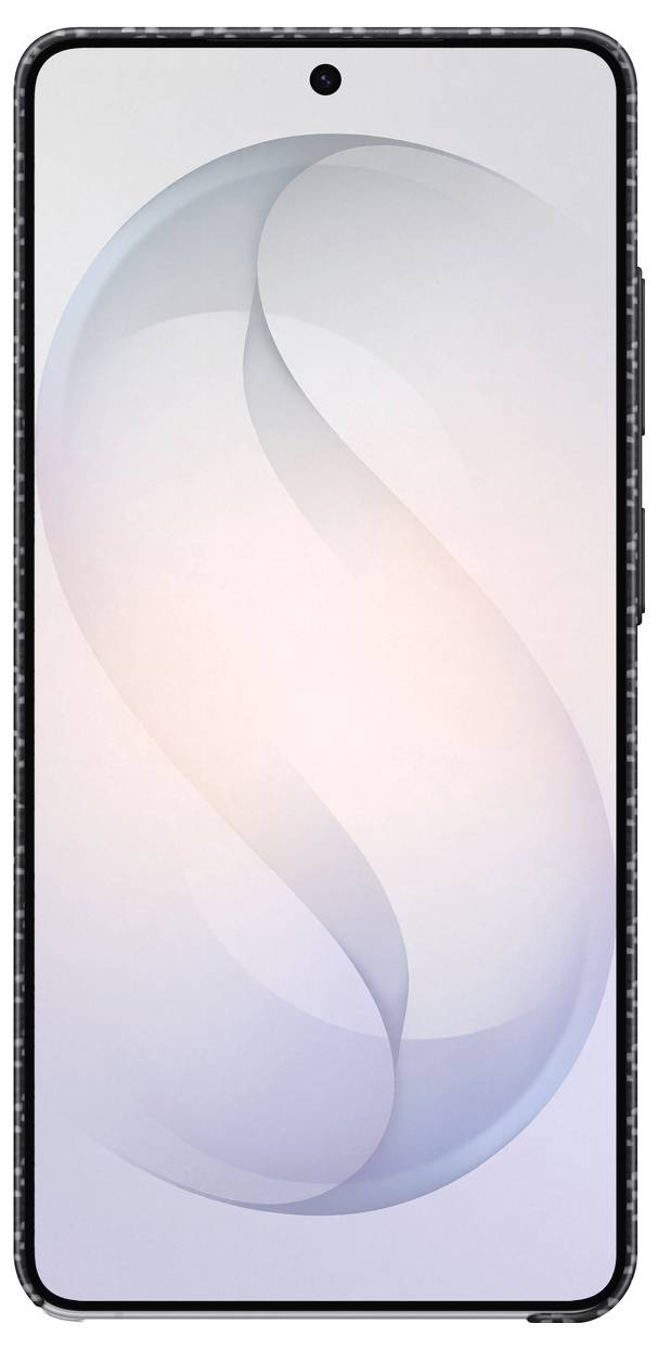 Smartphone s velkým displejem zobrazujícím gradientní pozadí v pastelových barvách. Zařízení má tenký černý rámeček a středově umístěnou přední kameru.