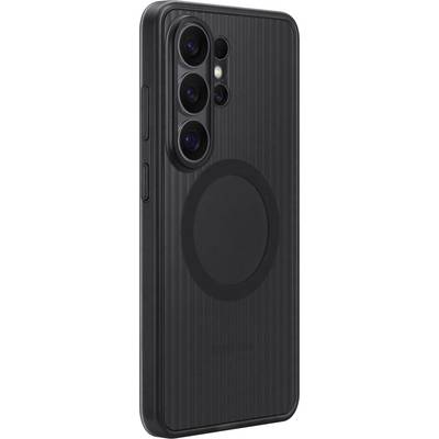 Černý smartphone s textúrovaným pouzdrem, s kulatou magnetickou oblastí na zadní straně a více zadními fotoaparáty.