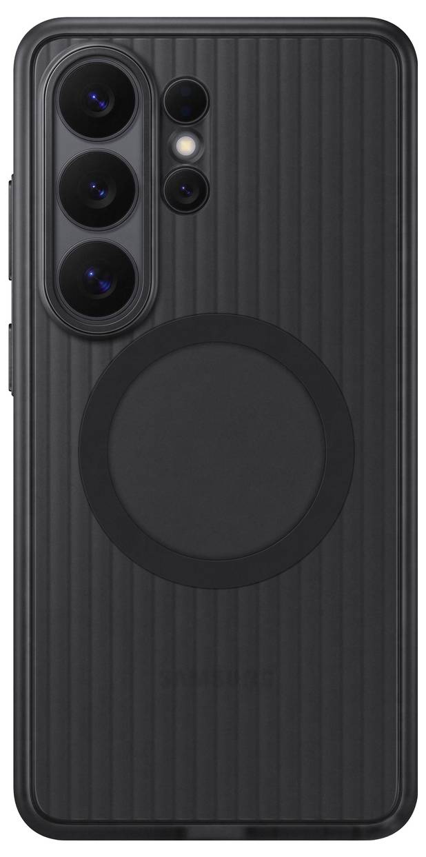 Černý smartphone v odolném pouzdru se třemi objektivy fotoaparátu a kruhový design v centru, pohled zezadu.