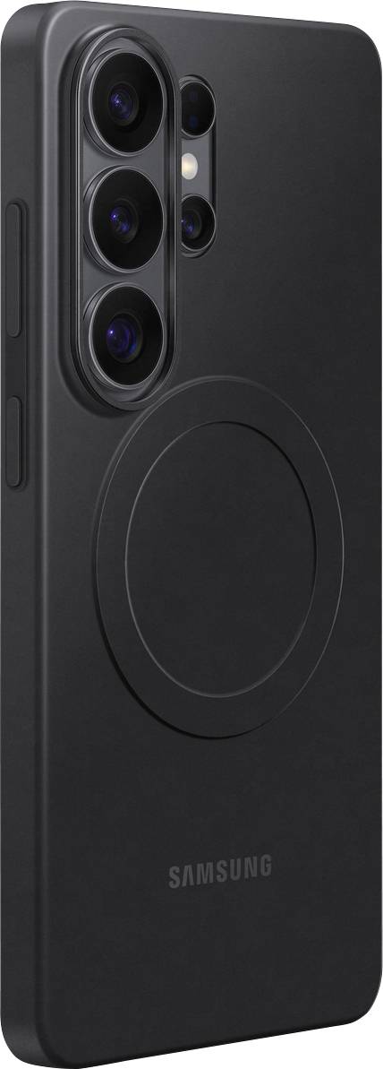 Černý chytrý telefon s kruhovou příslušenství na zadní straně, vybavený třemi zadními fotoaparáty a bleskem. Je viditelné logo společnosti Samsung.