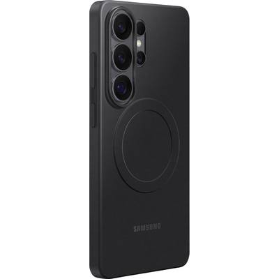 Černý chytrý telefon s kruhovou příslušenství na zadní straně, vybavený třemi zadními fotoaparáty a bleskem. Je viditelné logo společnosti Samsung.