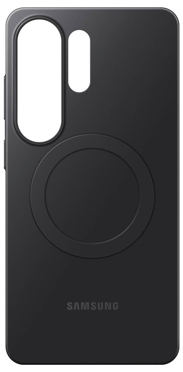 Černý kryt na telefon Samsung s kulatým kroužkem MagSafe na zadní straně, navržený pro bezdrátové nabíjení a kompatibilitu s příslušenstvím.