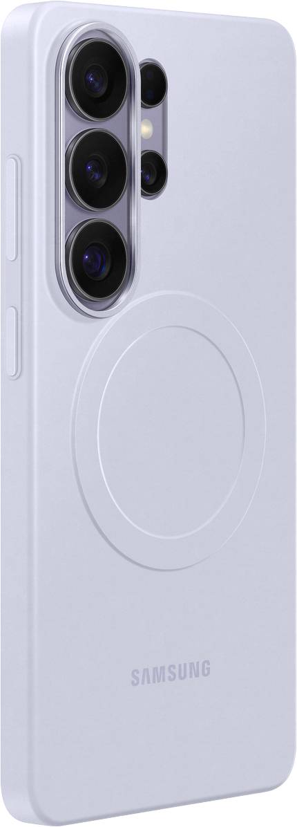 Světle šedý smartphone se třemi zadními kamerami a kruhovým designem pod nimi, značka 'Samsung'.