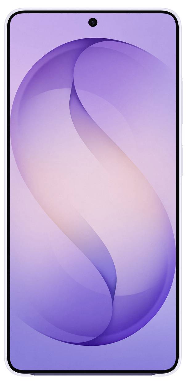 Smartphone s velkou, od okraje k okraji fialovou obrazovkou zobrazující jemný gradientní design a malou centrální dírkou v horní části pro přední kameru.