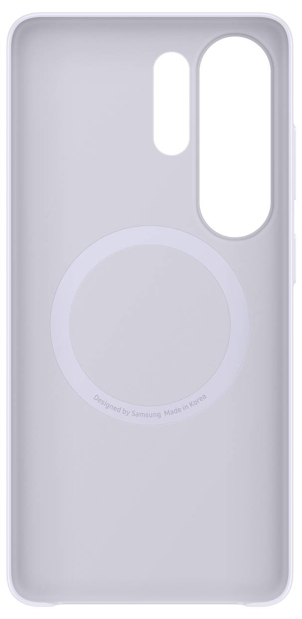 Fialový kryt smartphonu s kruhový designem uprostřed, obsahující výřezy pro duální zadní fotoaparát a blesk. Text zní "Navrženo společností Samsung Vyrobeno v Jižní Koreji."