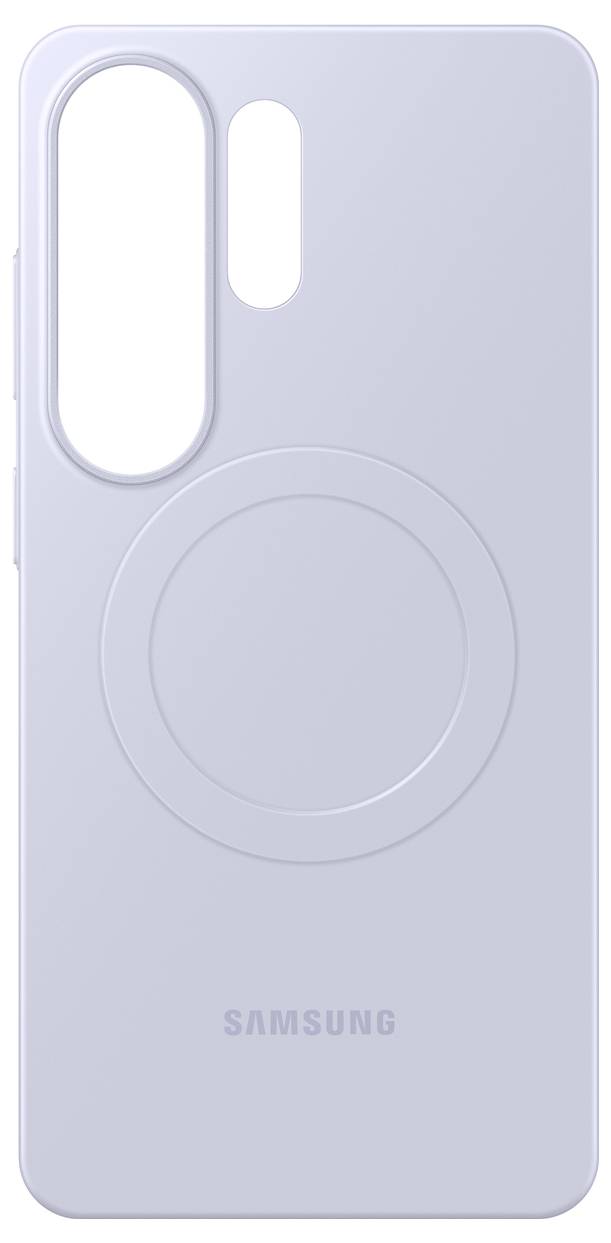 Pouzdro na telefon světle šedé barvy se kruhový vzorem uprostřed a výřezy pro objektivy fotoaparátu, s značkou „SAMSUNG" v dolní části.