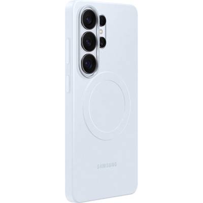 Pouzdro na telefon Samsung v světle modré barvě se čtyřmi výřezy pro zadní kamery a kulatým designem, pohled zezadu.