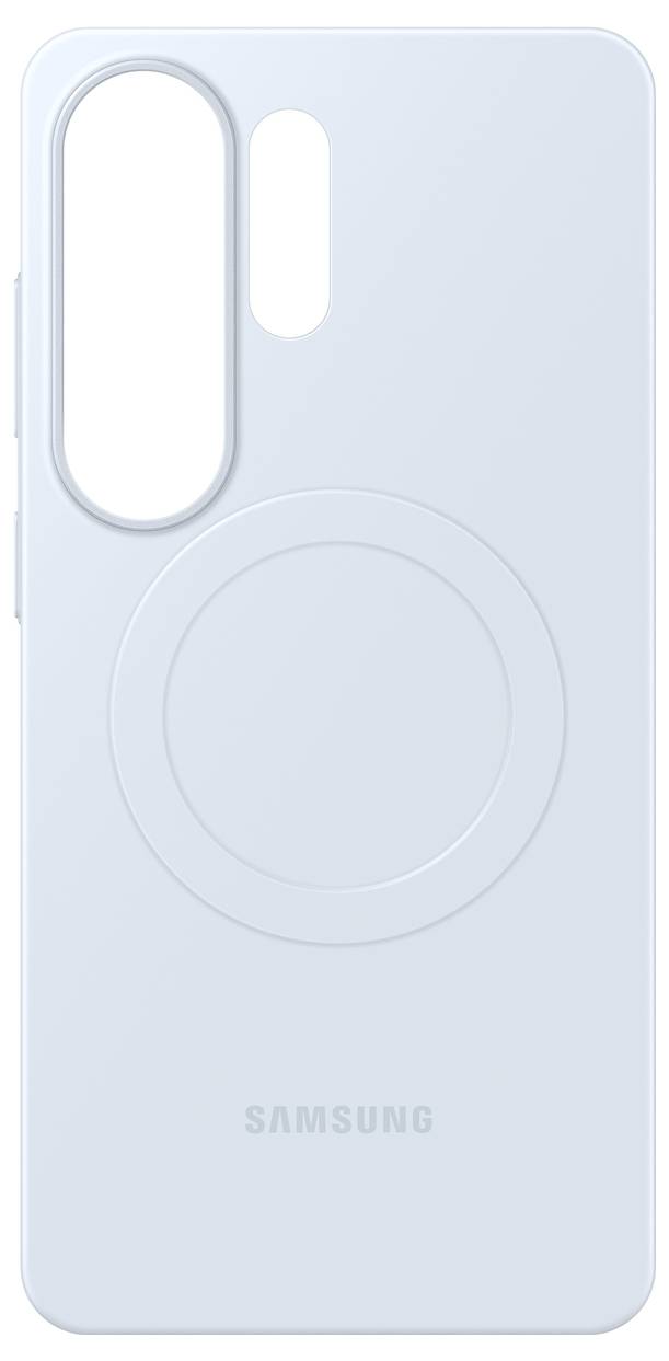 Světle modrý kryt chytrého telefonu navržený pro telefon Samsung, vybavený velkým výřezem na fotoaparát a kulovitým prvkem designu na zadní straně.