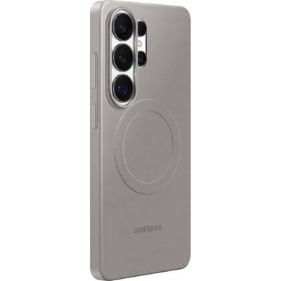 Pouzdro na telefon Samsung v béžové barvě s výřezem na fotoaparát, kompatibilita s Magsafe a logo Samsung v dolní části.